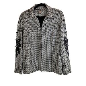 Chico's 2 Womens Large Black & White Geo Print Lace Blazer Jacket Office Stretch